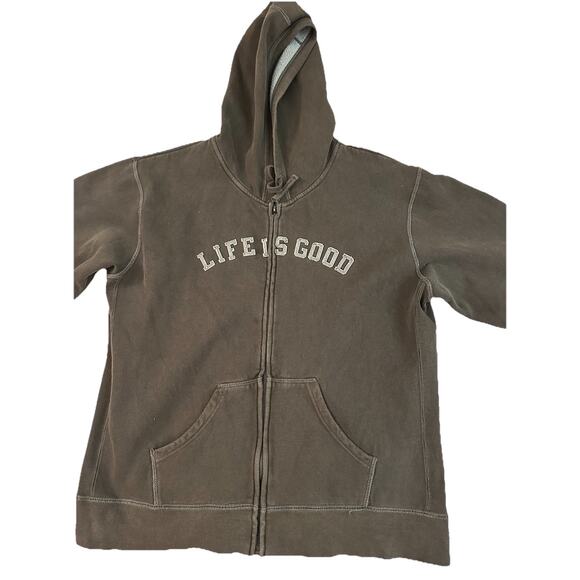 Life is Good Sweatshirt Womens Brown Hoodie Full Zip Spellout Logo Size Large - Picture 1 of 9